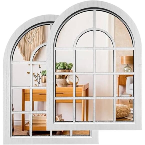 2PCS Arched Window Wall Mirror,Rustic Farmhouse Accent Mirror, Wood - Picture 8 of 8